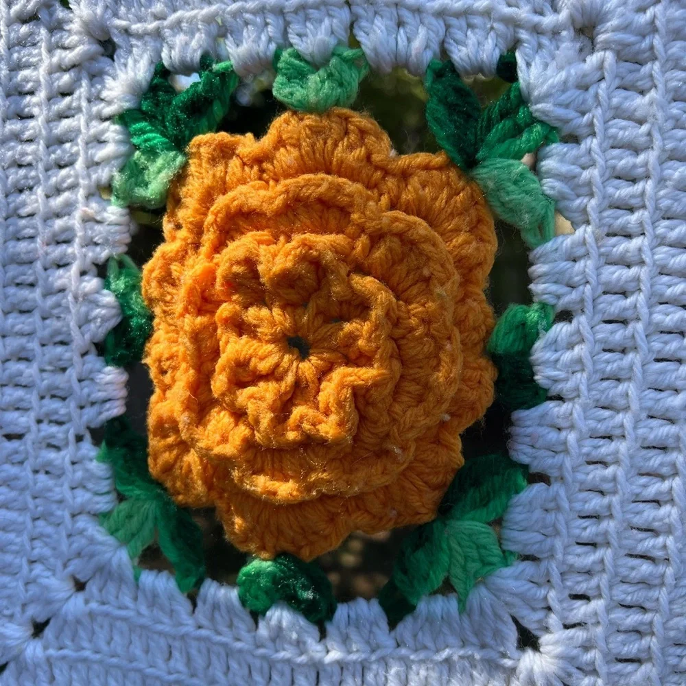 Vintage Handmade Crochet Granny Square Flower Blanket White 3D Roses Throw